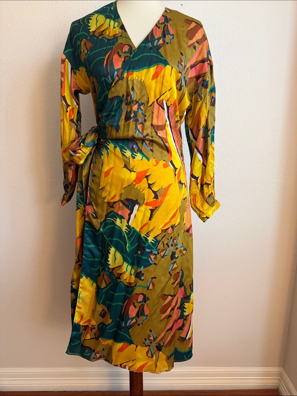 Sezane Multicolor Floral Wrap Midi Dress in Yellow, Green & Pink